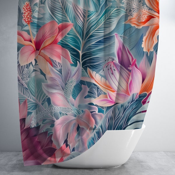Pastel Jungle Shower Curtain - Tropical Pink Flowers Shower Curtain - Bright Bold Decor - Eclectic Shower Curtain -Maximalist Home Aesthetic