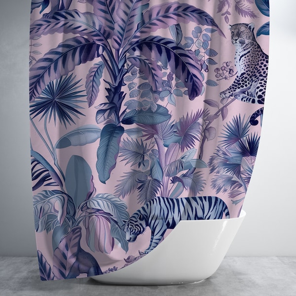 Pastel Shower Curtain - Tropical Pink Jungle Cat Shower Curtain - Bright Bold Decor - Purple and Pink - Maximalist Home Aesthetic