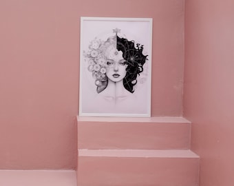 Portrait of a Gemini Woman - Digital Download - Art Print - Framed Art - Zodiac Artwork - Black and White Art - Gallery Wall