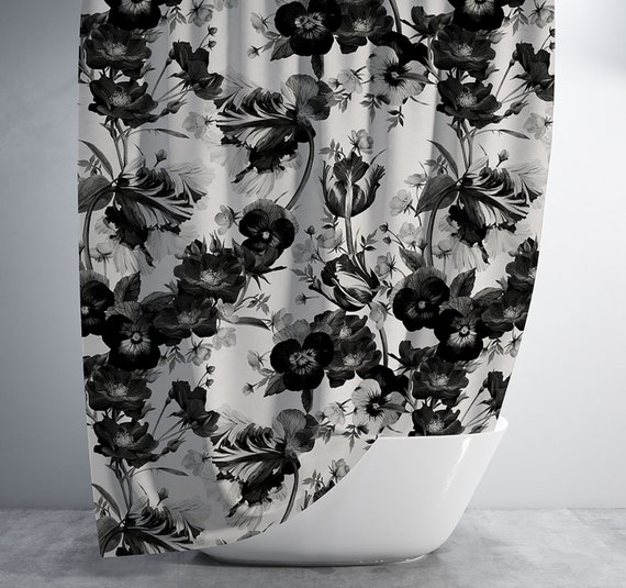 Black and White Floral Pattern Shower Curtain Etsy