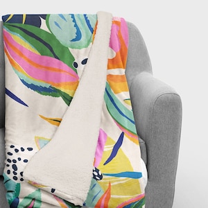 Colorful Maximalist Botanical Sherpa Throw Blanket - Boho Blanket - Bright Bold Decor - Eclectic Blanket - Maximalist Home Aesthetic