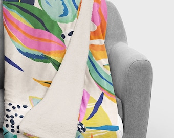 Colorful Maximalist Botanical Sherpa Throw Blanket - Boho Blanket - Bright Bold Decor - Eclectic Blanket - Maximalist Home Aesthetic