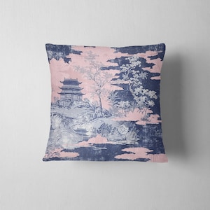 Nakhon Sawan  - Asian Toile -Pink and Navy Throw Pillow Cover - No Insert - 16x16 - 18x18 - 20x20 - 22x22