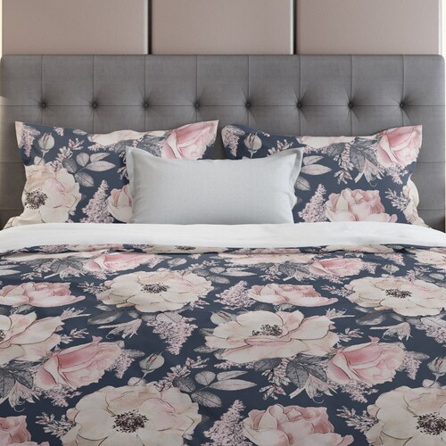 Navy and Pink Watercolor Floral Bedding Etsy