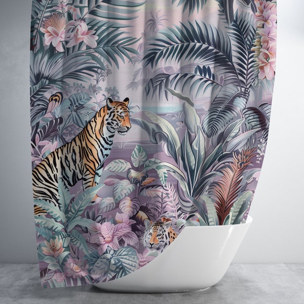 Pastel Jungle Shower Curtain - Tropical Tiger Shower Curtain - Bright Bold Decor - Eclectic Shower Curtain - Maximalist Home Aesthetic