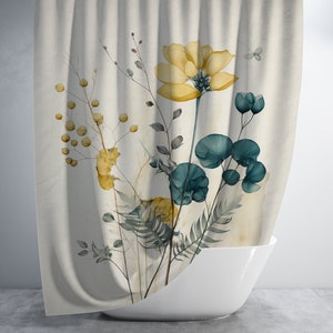 Teal and Yellow Floral Painting Shower Curtain - Boho Shower Curtain -  Bold Decor - Eclectic Shower Curtain - Minimalist Home Aesthetic