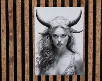 Portrait of a Taurus Woman - Digital Download - Art Print - Framed Art - Zodiac Artwork - Black and White Art - Gallery Wall