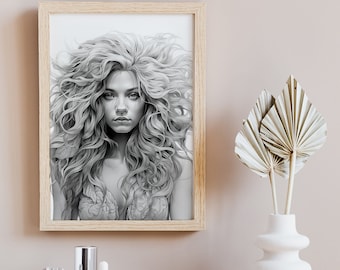 Portrait of a Leo Woman - Digital Download - Art Print - Framed Art - Zodiac Artwork - Black and White Art - Gallery Wall