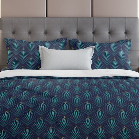 Geometric Peacock Feather Blue Bedding Etsy