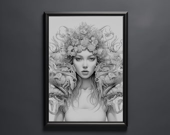 Portrait of a Cancer Woman - Digital Download - Art Print - Framed Art - Zodiac Artwork - Black and White Art - Gallery Wall