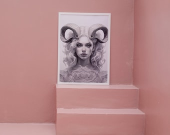 Portrait d&#39;une femme Bélier - téléchargement numérique - impression d&#39;art - encadré - oeuvre du zodiaque - oeuvre d&#39;art noir et blanc - mur de la galerie
