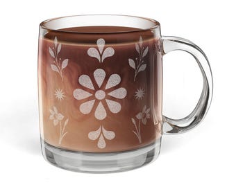 Etched Floral Pattern Glass Coffee Mug | 12.25oz Engraved