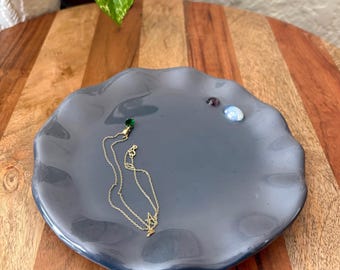 Handmade Ceramic Resin Trinket Dish | Gemstone Catchall Tray | Moonstone Boho Jewelry Decor | Wavy Edge