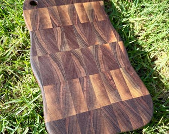 Handmade Walnut End Grain Cutting Board, Wavy Edge Prep Board (11" x 6")