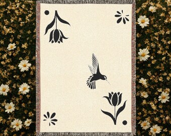 Hummingbird and Tulip Woven Blanket | Floral Throw | 100% Cotton