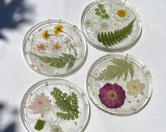 Pressed Flower Resin Coasters | Real Dried Floral Fruit Home Decor Set (Set of 4)