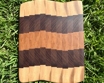 Handmade Wavy Edge End Grain Maple Cherry Walnut Cutting Board, Cheese Serving Board