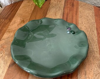 Handmade Ceramic Resin Trinket Dish | Gemstone Catchall Tray | Moonstone Boho Jewelry Decor | Wavy Edge