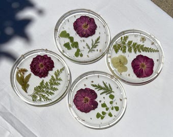 Pressed Flower Resin Coasters | Real Dried Floral Fruit Home Decor Set (Set of 4)