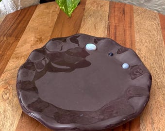 Handmade Ceramic Resin Trinket Dish | Gemstone Catchall Tray | Moonstone Boho Jewelry Decor | Wavy Edge
