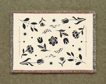 Botanical Floral Pattern Woven Blanket | Reversible Throw | Cottagecore Decor | 100% Cotton