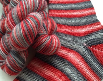 Hand dyed self striping merino sock yarn - Winter Fire