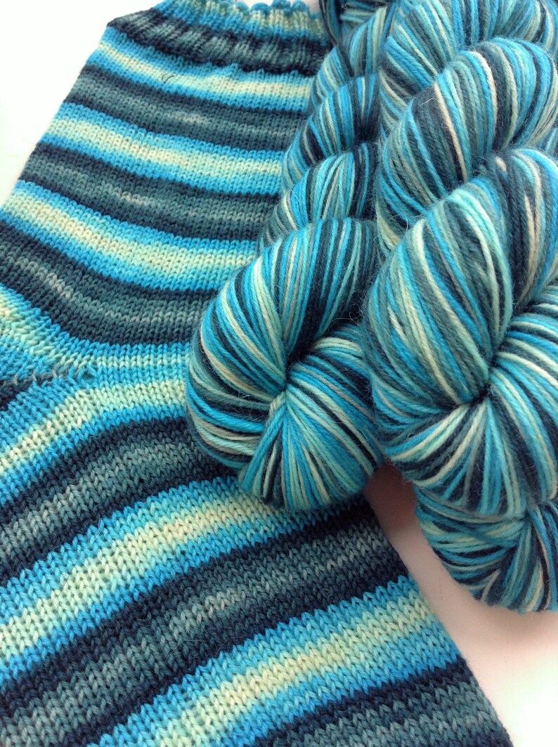 Hand dyed self striping sock yarn Frostbite