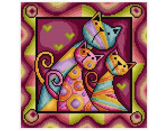 Square Patterned Cats 1 - Durene J Cross Stitch Pattern - DJXS2484