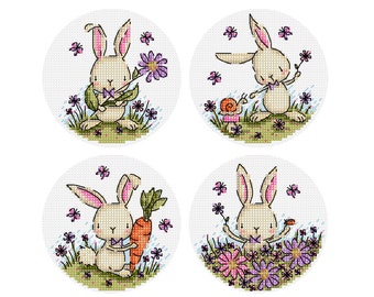 Spring Bunnies - Set of 4 - Durene J Cross Stitch Pattern - DJXS2355