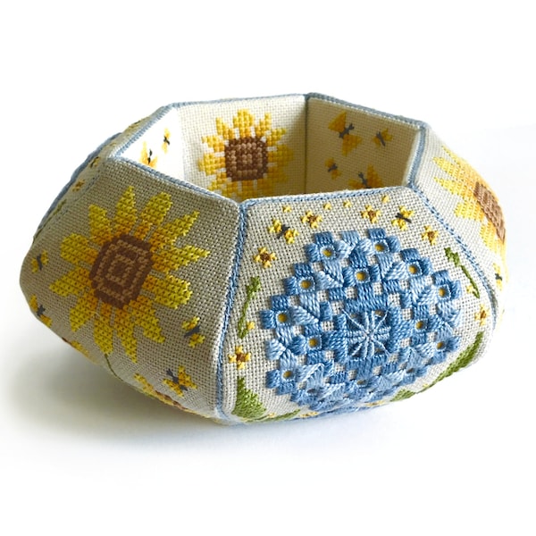 Sunflower pin cushion pot - Cross Stitch And Hardanger Pattern - Durene J Cross Stitch - DJE1045