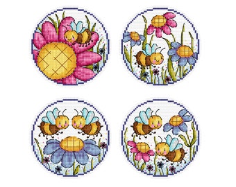 Bees And Flowers - Set Of 4 - Durene J Cross Stitch Pattern - DJXS2365