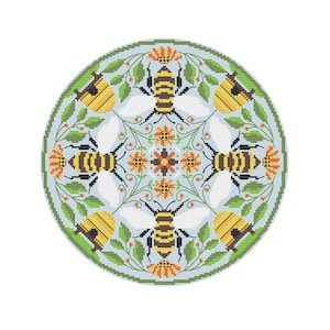 May include: A circular design featuring six bees with yellow and black stripes, surrounded by green leaves and orange flowers on a light blue background.