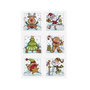 May include: Six festive cross-stitch designs featuring Christmas characters. The designs include a reindeer, Santa Claus, a Christmas tree, a gingerbread man, a bird, and a snowman. Each character is depicted in a colourful, cartoon style against a white backdrop.