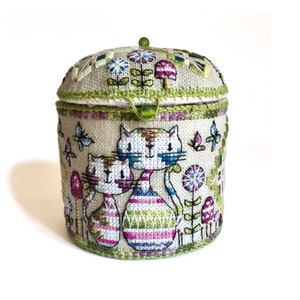 Cat Pin Cushion Pot - Cross Stitch And Hardanger Pattern - Durene J Cross Stitch - DJE1024