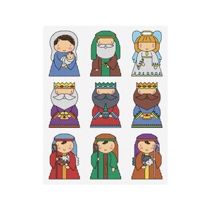 May include: A set of nine illustrated characters from the Nativity story. The characters include Mary, Joseph, the baby Jesus, an angel, and the three wise men. The characters are all depicted in a simple, cartoon style.