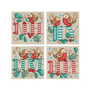 Petirrojos navideños - juego de 4 - Patrones de punto de cruz Durene J - DJXS2396