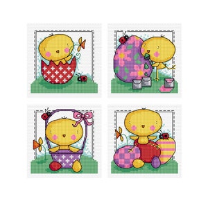 Easter Chick - set van 4 - Durene J-kruissteekpatronen