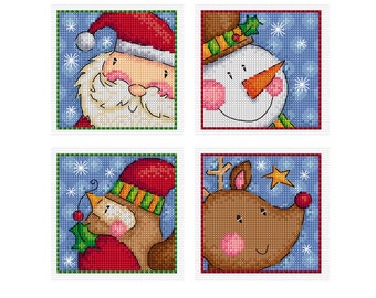 Peeking Character Christmas Cards - Set of 4 - Durene J Cross Stitch Patterns