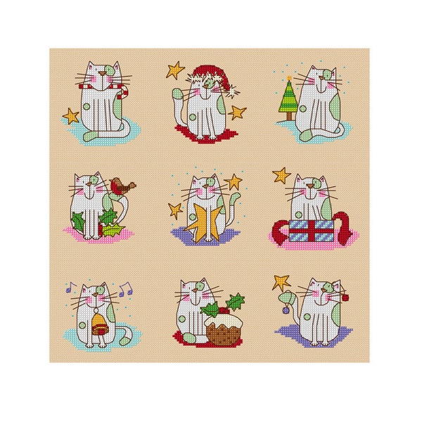 Small Christmas Cats - Set of 9 - Durene J Cross Stitch Patterns