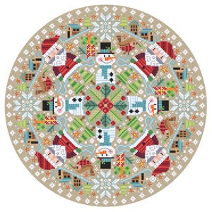 Pode incluir: Um padrão circular de ponto de cruz que apresenta uma cena de inverno com bonecos de neve, Papai Noel e flocos de neve em um fundo bege.