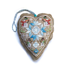 Ornamento de coração de boneco de neve - ponto cruz e padrão Hardanger - ponto cruz Durene J - DJE1050