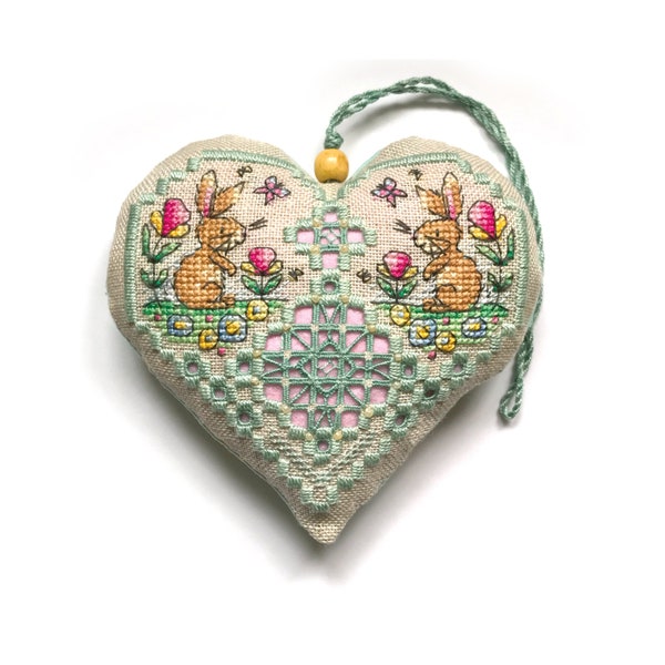 Ornamento a forma di cuore di coniglietti - Punto croce e motivo Hardanger - Punto croce Durene J - DJE1062