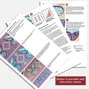 May include: A set of instructions for making a pencil pouch with a butterfly design. The instructions include diagrams and text explaining how to sew the pouch together. The pouch is made of a purple fabric with a blue and white butterfly design.