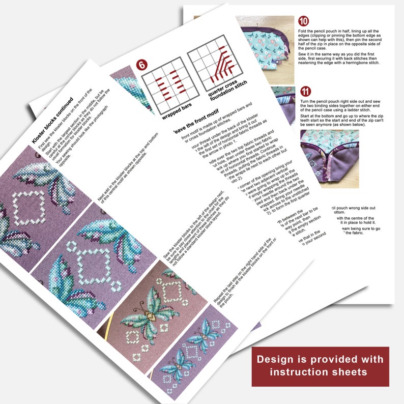 May include: A set of instructions for making a pencil pouch with a butterfly design. The instructions include diagrams and text explaining how to sew the pouch together. The pouch is made of a purple fabric with a blue and white butterfly design.