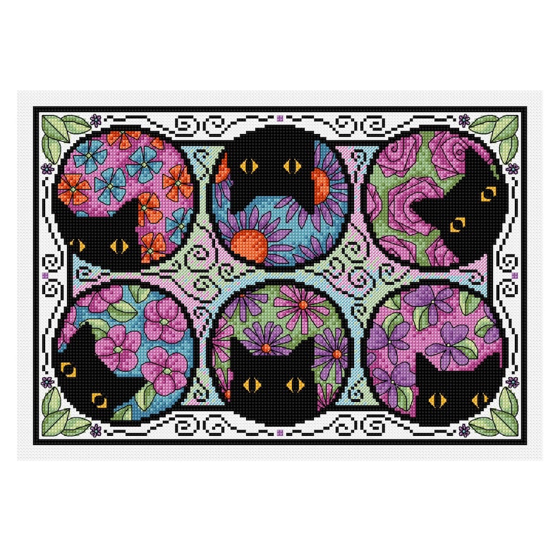 May include: Six black cats peeking out from behind colourful floral circles. The circles are in a variety of colours, including pink, purple, green, and blue. The cats are all facing forward with their eyes open.