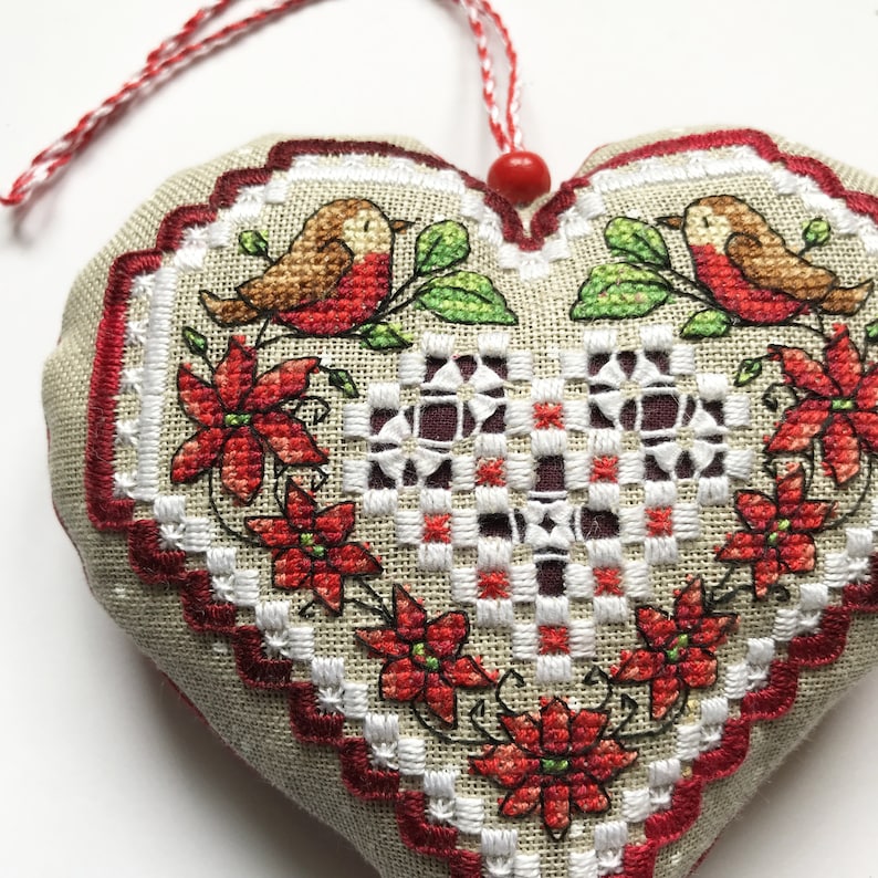 Poinsettia Heart Ornament Cross Stitch And Hardanger Pattern Durene J Cross Stitch DJE1062 image 3