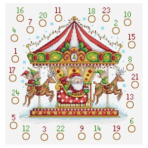 May include: A cross-stitch pattern featuring a carousel with Santa Claus in a sleigh and elves riding reindeer. The design includes twenty-four numbered circles arranged around the central carousel image, with red, green, and gold color accents.
