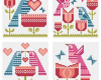 Birds and Flowers - Set of 4 - Durene J Cross Stitch PDF Pattern