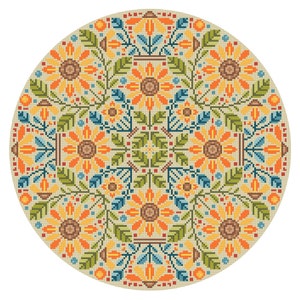 May include: A circular design featuring a repeating pattern of sunflowers, leaves, and flowers in shades of yellow, orange, brown, green, and blue.
