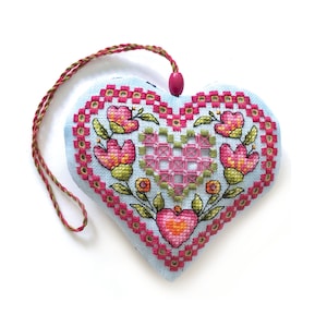 Bright Floral Heart Ornament Cross Stitch And Hardanger Pattern Durene J Cross Stitch DJE1055 image 1